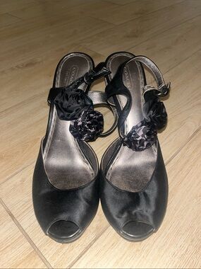 Coach Black Satin Peep-Toe Slingback Heels with Floral Appliques